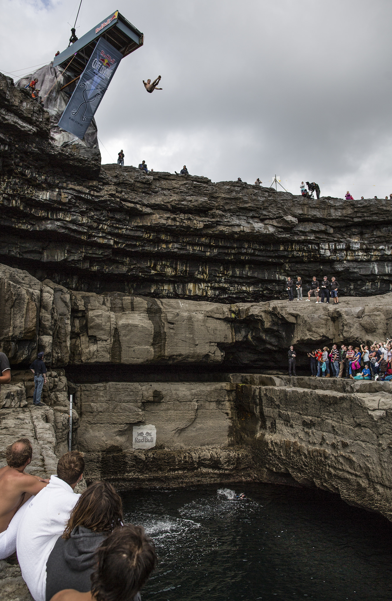 Alain Kohl of Luxembourg dives from the 28 metre platform during the fourth stop of the Red Bull Cliff Diving World Series, Inis Mor, Aran Islands, Ireland on August 4th 2012. // Dean Treml/Red Bull Content Pool // P-20120804-00071 // Usage for editorial use only // Please go to <a href="<a href=